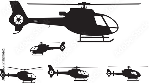 Collection of different sized helicopter silhouettes showing rotary wing aircraft in various side view orientations vector graphic