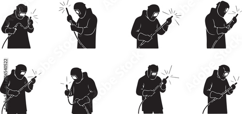 Set of black silhouettes of welders in protective masks working with welding torch generating sparks on transparent vector
