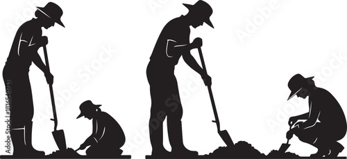 Silhouettes of gardeners or farmers digging and planting in field vector illustration set