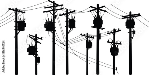 Utility pole network with transformers, power lines, insulators, electrical grid silhouette, black white infrastructure layout, flat vector