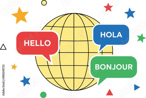 Global Communication and Language Concept Vector Illustration with Earth Globe and Speech Bubbles Showing 'Hello', 'Hola', and 'Bonjour' for International Connection.