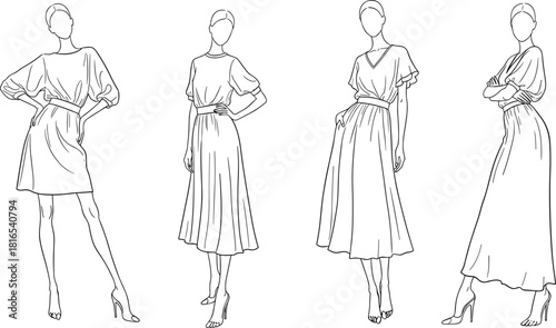 Fashion sketch set with female figures, dress styles, puffed sleeves, V-neck, long gown, black white, flat vector