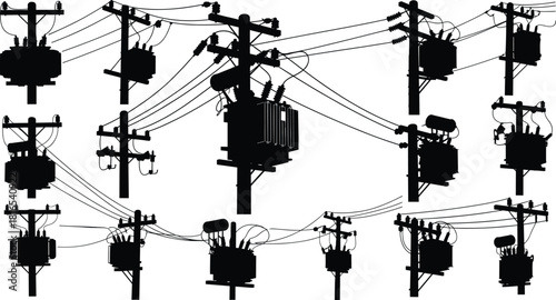 Utility pole silhouette set with transformers, insulators, power lines, electrical infrastructure variations, black white style, flat vector