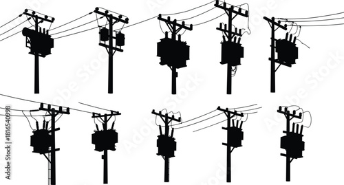 Utility pole silhouette set with transformers, insulators, power lines, electrical infrastructure variations, black white style, flat vector