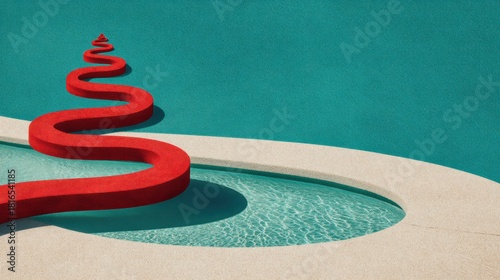 Red rope forming Christmas tree pattern on garden deck