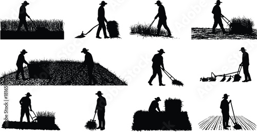 Farmer silhouettes, agricultural work poses, traditional farming tools, crop harvesting, plowing field, rural lifestyle, manual labor activity, flat vector illustration