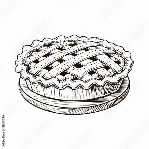 Vintage hand-drawn engraving of an apple pie with detailed crust and classic etched shading, perfect for bakery labels, retro food designs, café menus, and dessert illustrations.