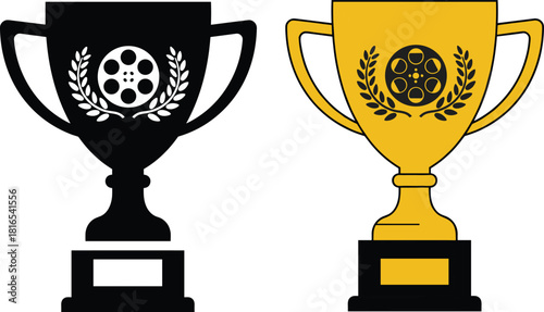 Film award trophy, cinema prize cup, laurel wreath emblem, movie achievement symbol, filmmaking excellence award, festival recognition design, flat vector