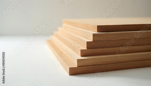 Stack of smooth maple wood panels. Material is light brown with visible grain pattern. Panels are rectangular and flat. They are arranged in a stepped pile on a clean white surface.