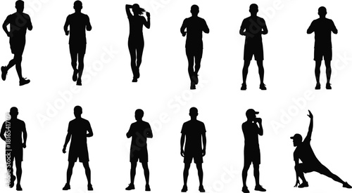 Fitness silhouette collection, exercise poses, running, stretching, walking, drinking water, healthy lifestyle, sports activity, workout routine, wellness training - flat vector