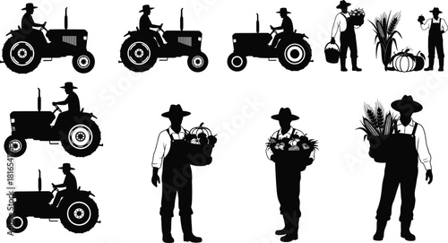 Farmer silhouettes collection, tractor driving, harvest baskets, pumpkins, crops, rural agriculture, farming lifestyle, traditional labor, agricultural tools, countryside illustration -flat vector