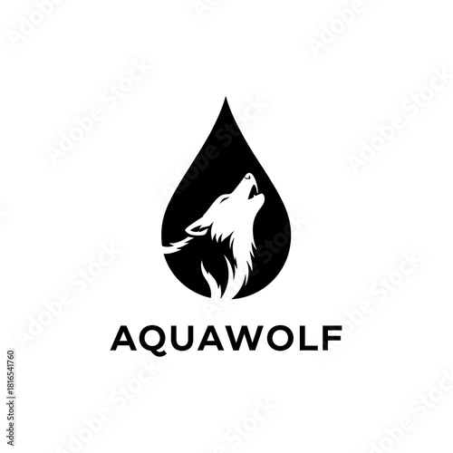AquaWolf Logo with Howling Wolf Head in Water Drop Silhouette.