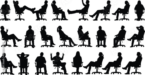 Set of vector silhouettes of people sitting on office chairs, business men and women side view in various poses, collection