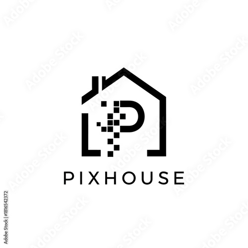 PixHouse logo featuring a pixelated house and the letter P, modern design.