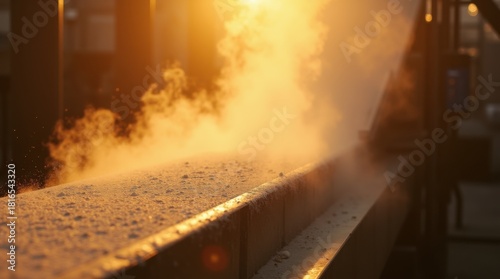 Conveyor belt wheat flour dust explosion risk illuminated beams golden haze machinery
