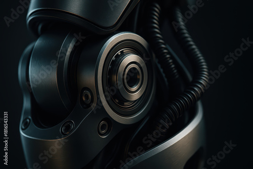 Robotic actuator close up with metallic parts and coiled cables, showcasing mechanical engineering and industrial design in dark setting with detailed textures and lighting