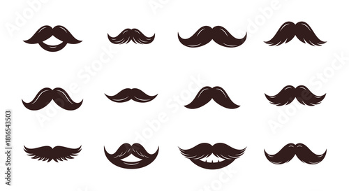 A collection of various black mustache designs displayed in a grid arrangement