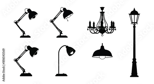 Variety of lighting fixtures in black silhouettes lamps chandeliers and streetlights