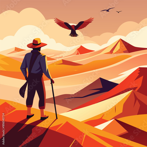 man standing in desert and on beach vector illustration