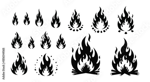 Collection of black silhouette flame designs for various creative projects