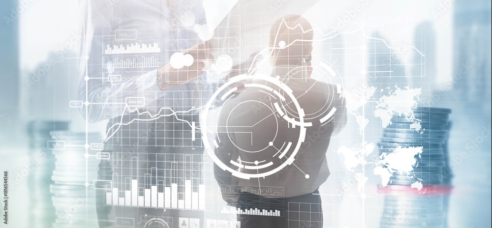 Obraz premium Business intelligence control interface marketing finance management. Silhouettes in the background