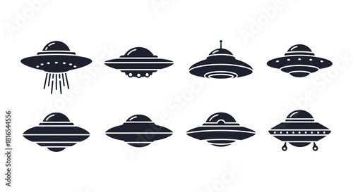 A collection of black and white illustrations depicting various unidentified flying objects