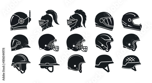 A collection of historical and modern headgear depicted in black silhouettes