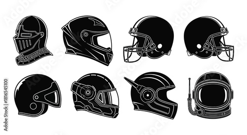 A collection of historical and modern headgear depicted in black silhouettes