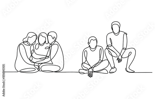 Continuous Line Drawing of People Sitting Together Friends Teamwork Support Alone Depression Loneliness Black Silhouette on White Background