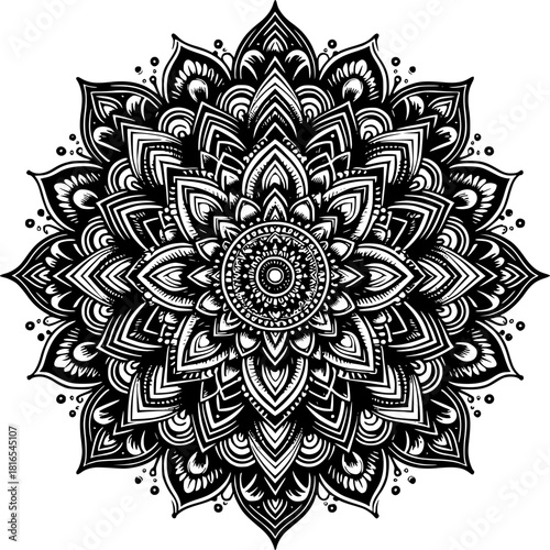 Mandala Art's Delicate Symmetry: A detailed mandala, showcases intricate patterns, echoing balance, harmony, and spiritual depth. Its symmetrical design invokes a sense of peace and meditation.