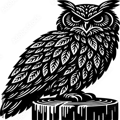Wise Owl on a Stump: Intricate design showcases a majestic owl perched atop a tree stump, its sharp gaze conveying wisdom and insight.