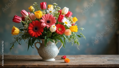 Colorful mixed flowers arranged in ceramic vase on rustic wood table. Gerbera daisies and tulips create vibrant natural beauty perfect for decor and gifts.