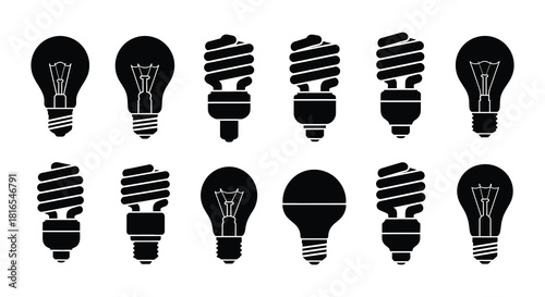 Collection of various light bulb shapes in a black and white illustration