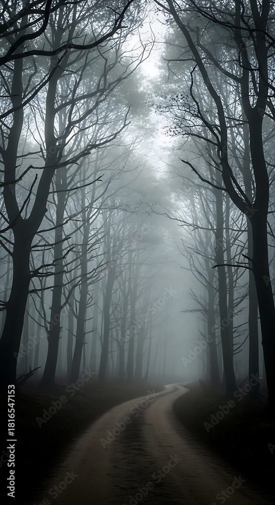 Obraz premium A winding dirt path meanders through a misty, somber forest, casting long, dramatic shadows.