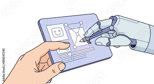 AI Robot Hand and Human Collaborate on Digital Design