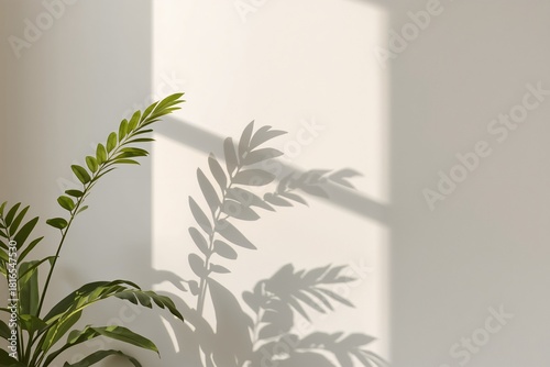 Plant shadow on white wall with sunlight in calm interior
