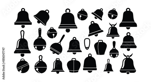 A collection of various black silhouette bells and cooking pots