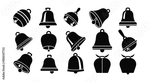A collection of various black silhouette bells and cooking pots