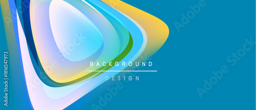 Abstract flowing shapes, vibrant colors, modern design. Blue background complements layered curves, creating dynamic visual effect.