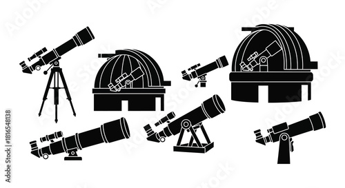 Black silhouette icons depicting various telescopes and observatory structures