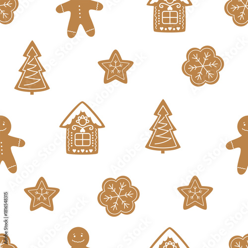 Gingerbread cookies and snowflakes seamless pattern, ideal for holiday cards, wrapping paper.