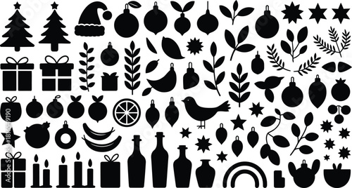 Holiday seasonal black silhouettes, diverse festive elements icons set