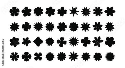 A collection of black floral shapes and designs arranged in neat rows
