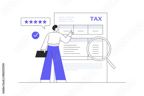 Filling tax form payment return, financial control report, audit, accounting concept. Flat Cartoon Vector Illustration, icon Stylish abstract design landing page web
