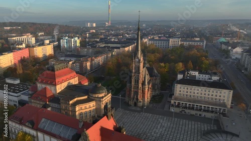 Chemnitz Townhall and Market Square. Chemnitz Rathaus in Saxony, Eastern Germany. Aerial Sunrise Time Soft Light.