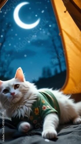 Cat Sitting Near Tent Under Night Sky