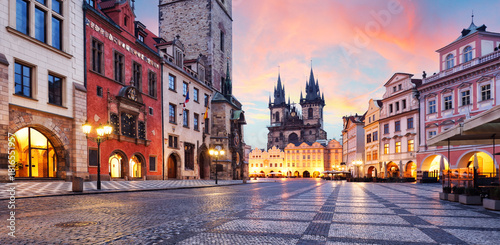 Prague, Czech Republic. Panoramic sunset view at Church of Our Lady Before Tyn the Old Town Square Praha city. Evening in prague, popular travel destination Europe