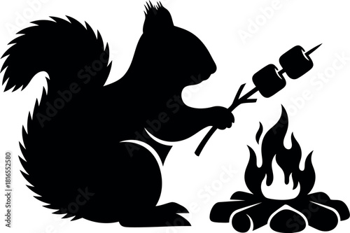 Squirrel roasting marshmallows by campfire silhouette