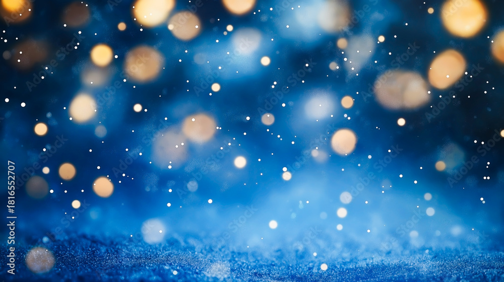 Obraz premium Dreamy Winter Holiday Background with Snowflakes and Golden Bokeh Lights on Soft Blue Backdrop