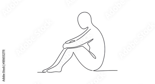 One Line Art Sad Person Outline with Minimalist.